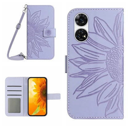HT04 For ZTE Anshin Family A303ZT Phone Case Sunflower Pattern Leather Cover with Shoulder Strap