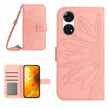 HT04 For ZTE Anshin Family A303ZT Phone Case Sunflower Pattern Leather Cover with Shoulder Strap