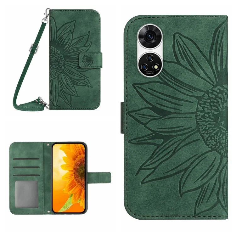 HT04 For ZTE Anshin Family A303ZT Phone Case Sunflower Pattern Leather Cover with Shoulder Strap