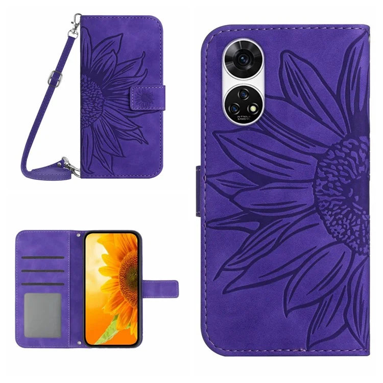 HT04 For ZTE Anshin Family A303ZT Phone Case Sunflower Pattern Leather Cover with Shoulder Strap