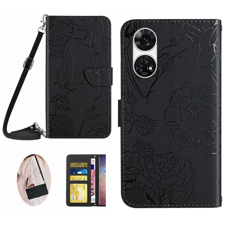 HT03 For ZTE Anshin Family A303ZT Leather Case Crossbody Butterfly Flower Imprinted Stand Phone Cover