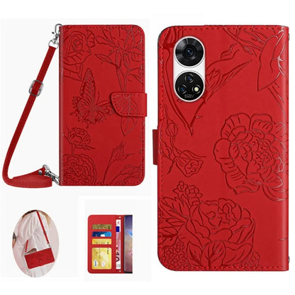HT03 For ZTE Anshin Family A303ZT Leather Case Crossbody Butterfly Flower Imprinted Stand Phone Cover