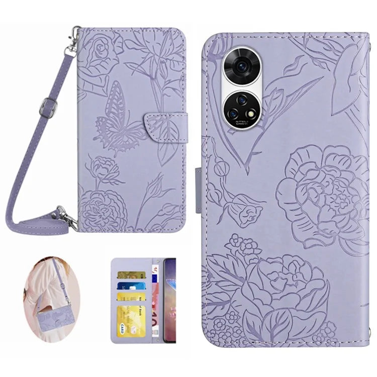 HT03 For ZTE Anshin Family A303ZT Leather Case Crossbody Butterfly Flower Imprinted Stand Phone Cover