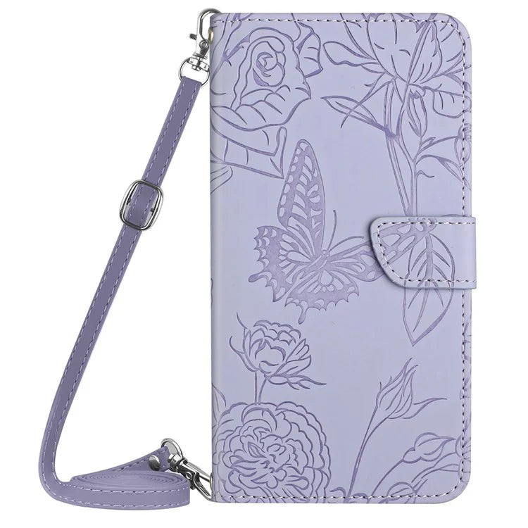 HT03 For ZTE Anshin Family A303ZT Leather Case Crossbody Butterfly Flower Imprinted Stand Phone Cover