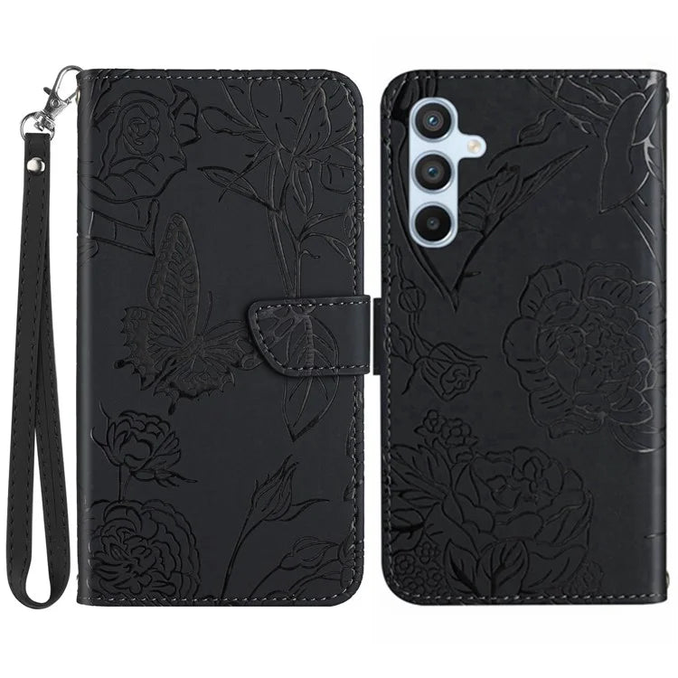 HT03 For Samsung Galaxy M15 5G Case Wrist Strap Butterfly Flower Leather Phone Cover