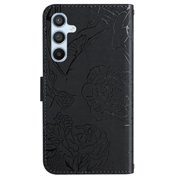 HT03 For Samsung Galaxy M15 5G Case Wrist Strap Butterfly Flower Leather Phone Cover