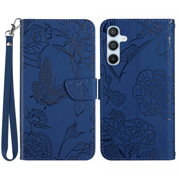 HT03 For Samsung Galaxy M15 5G Case Wrist Strap Butterfly Flower Leather Phone Cover