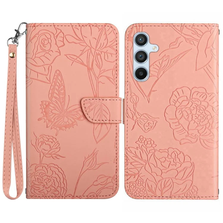 HT03 For Samsung Galaxy M15 5G Case Wrist Strap Butterfly Flower Leather Phone Cover