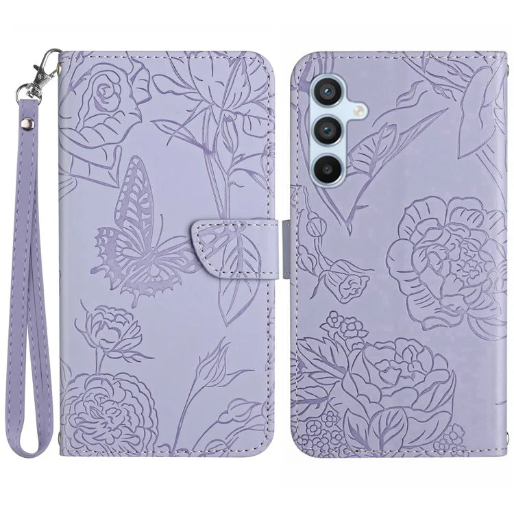 HT03 For Samsung Galaxy M15 5G Case Wrist Strap Butterfly Flower Leather Phone Cover