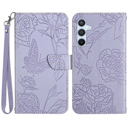 HT03 For Samsung Galaxy M15 5G Case Wrist Strap Butterfly Flower Leather Phone Cover
