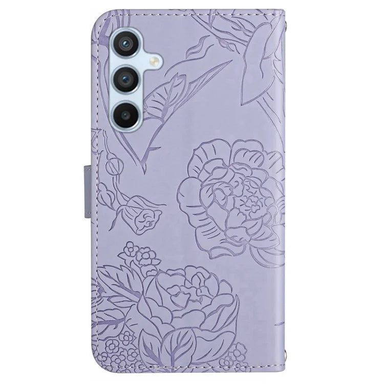 HT03 For Samsung Galaxy M15 5G Case Wrist Strap Butterfly Flower Leather Phone Cover