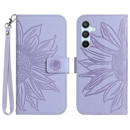 HT04 For Samsung Galaxy M15 5G Case PU Leather Wrist Strap Sunflower Wallet Phone Cover