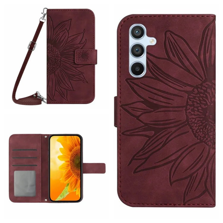HT04 For Samsung Galaxy M15 5G Crossbody Case Sunflower Leather Magnetic Flip Phone Cover