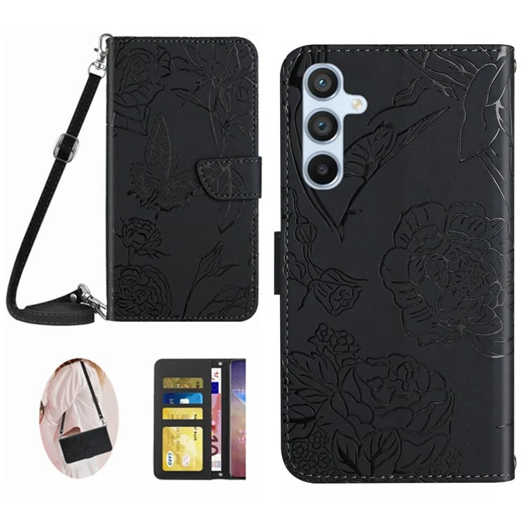 HT03 For Samsung Galaxy M15 5G Case Butterfly Flip Leather Phone Cover with Shoulder Strap