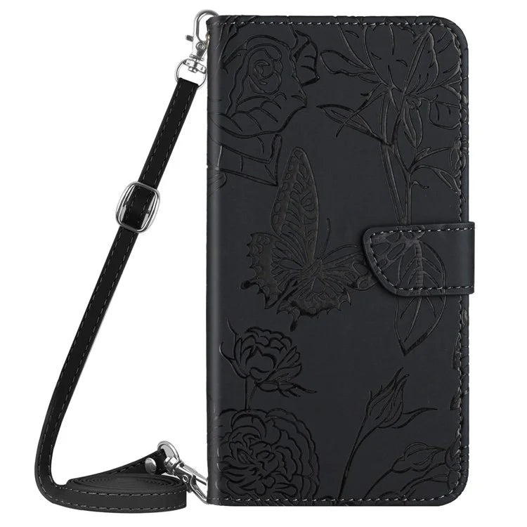 HT03 For Samsung Galaxy M15 5G Case Butterfly Flip Leather Phone Cover with Shoulder Strap