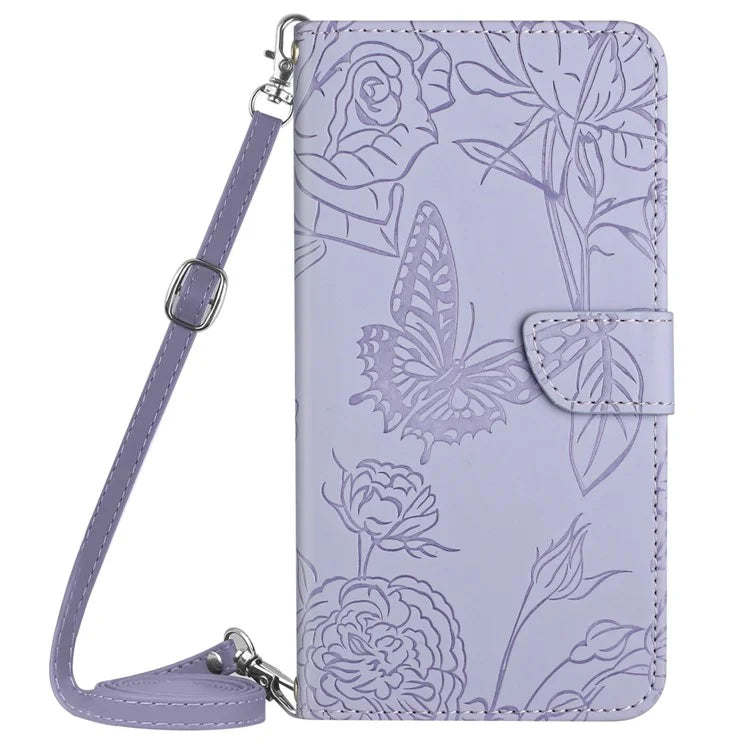 HT03 For Samsung Galaxy M15 5G Case Butterfly Flip Leather Phone Cover with Shoulder Strap