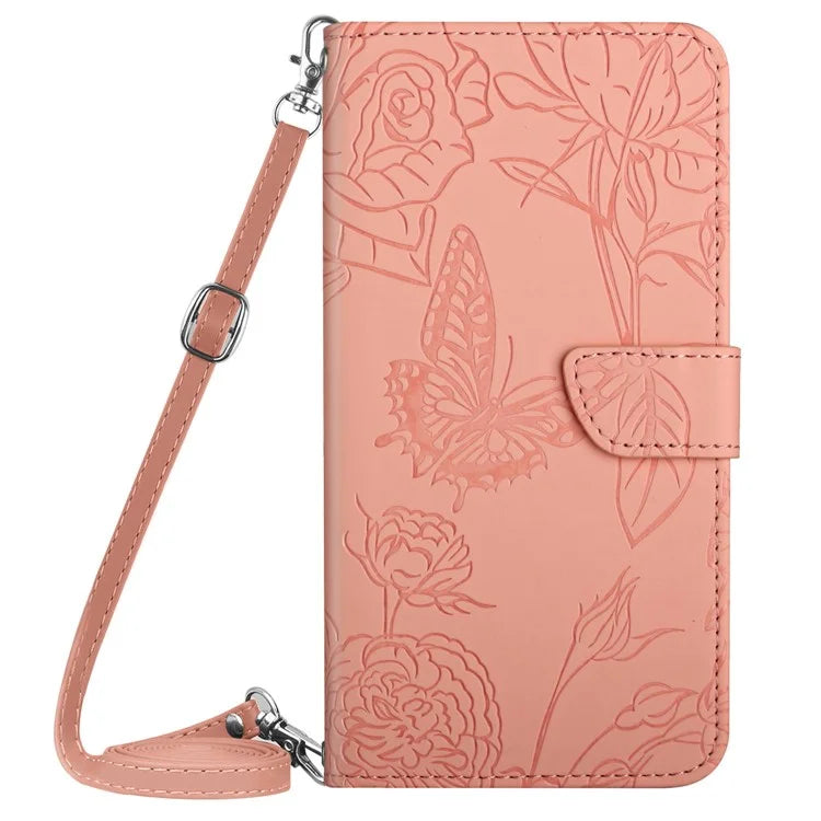 HT03 For Samsung Galaxy M15 5G Case Butterfly Flip Leather Phone Cover with Shoulder Strap