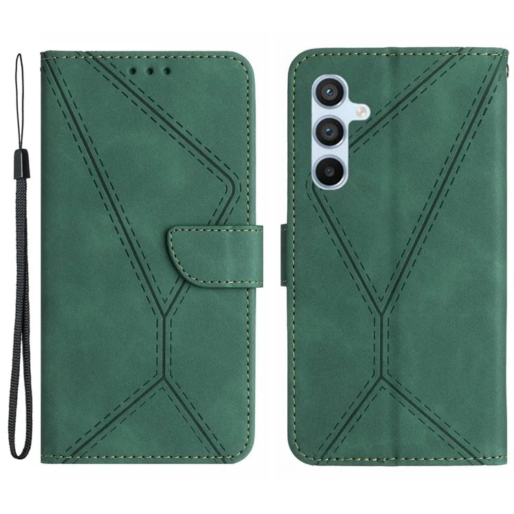 HT05 For Samsung Galaxy M15 5G Case Lines Imprinted PU Leather Skin-touch Phone Cover