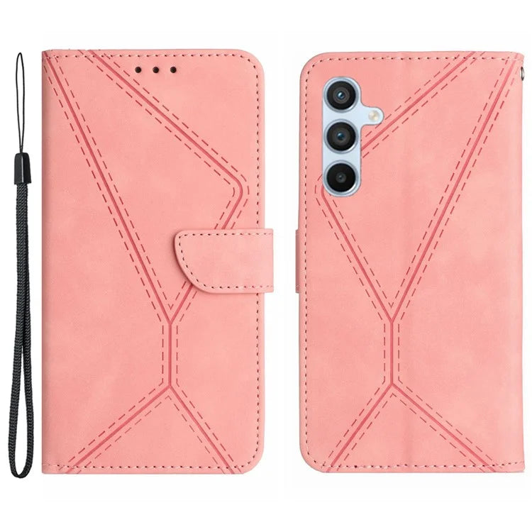HT05 For Samsung Galaxy M15 5G Case Lines Imprinted PU Leather Skin-touch Phone Cover