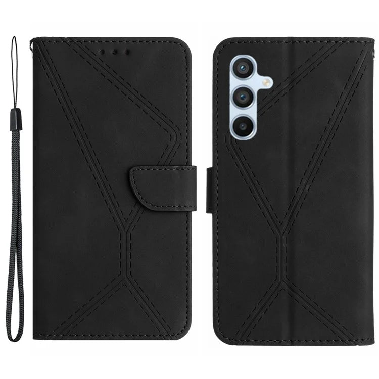 HT05 For Samsung Galaxy M15 5G Case Lines Imprinted PU Leather Skin-touch Phone Cover