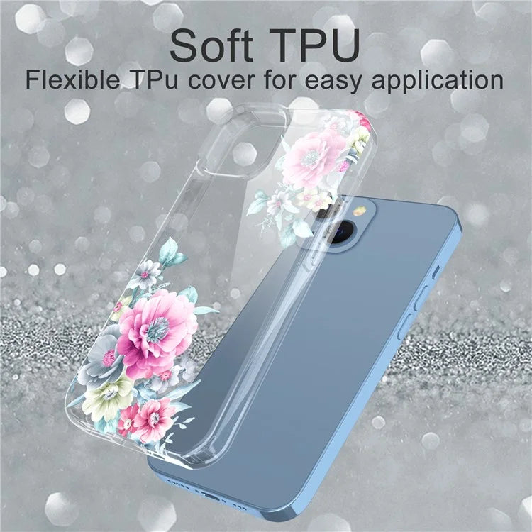 For iPhone 14 Case IMD Flower Pattern Soft TPU Clear Phone Cover