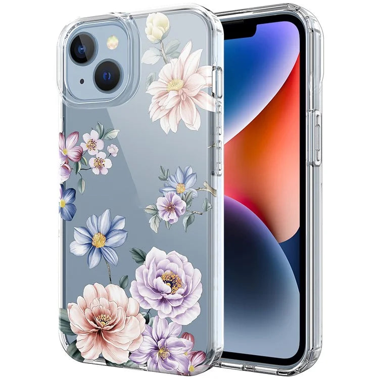For iPhone 14 Case IMD Flower Pattern Soft TPU Clear Phone Cover