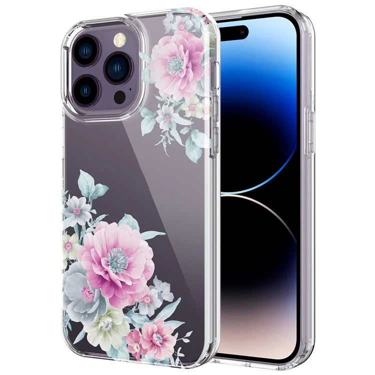 For iPhone 14 Pro Max TPU Case IMD Flower Pattern Clear Back Phone Cover
