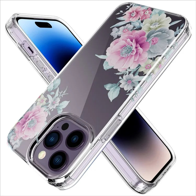 For iPhone 14 Pro Max TPU Case IMD Flower Pattern Clear Back Phone Cover