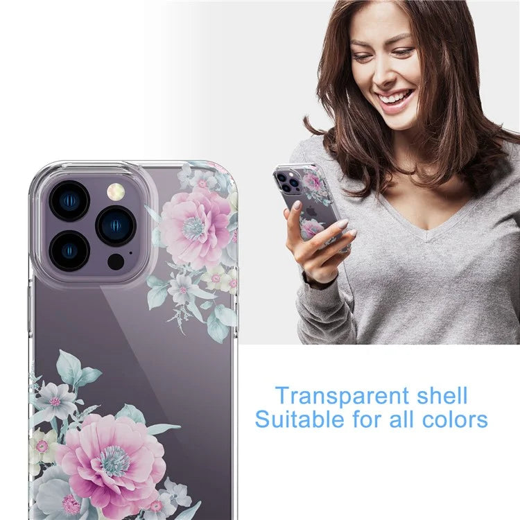 For iPhone 14 Pro Max TPU Case IMD Flower Pattern Clear Back Phone Cover