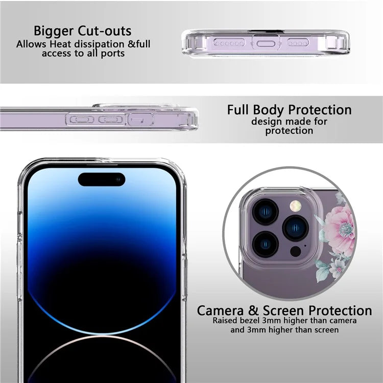 For iPhone 14 Pro Max TPU Case IMD Flower Pattern Clear Back Phone Cover