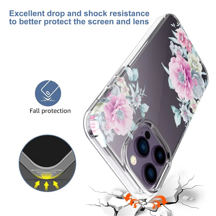 For iPhone 14 Pro Max TPU Case IMD Flower Pattern Clear Back Phone Cover