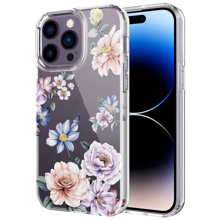 For iPhone 14 Pro Max TPU Case IMD Flower Pattern Clear Back Phone Cover