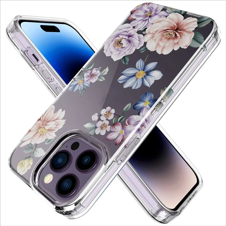 For iPhone 14 Pro Max TPU Case IMD Flower Pattern Clear Back Phone Cover