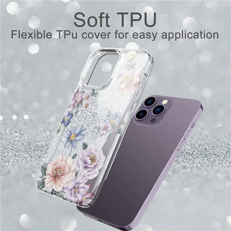 For iPhone 14 Pro Max TPU Case IMD Flower Pattern Clear Back Phone Cover