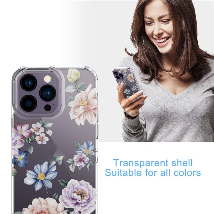 For iPhone 14 Pro Max TPU Case IMD Flower Pattern Clear Back Phone Cover