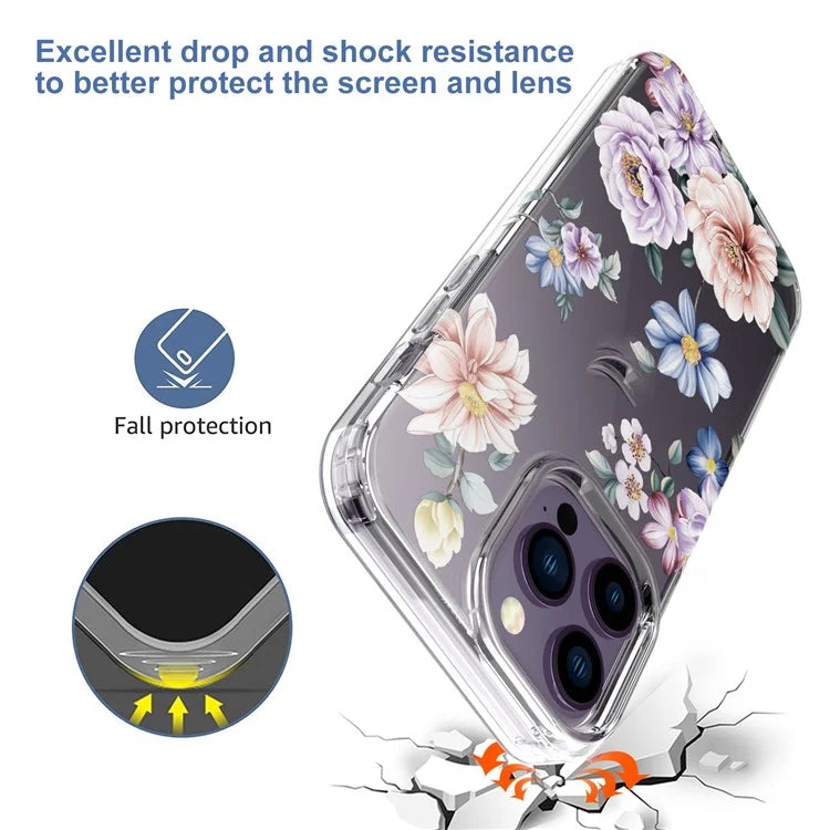 For iPhone 14 Pro Max TPU Case IMD Flower Pattern Clear Back Phone Cover