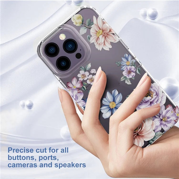 For iPhone 14 Pro Max TPU Case IMD Flower Pattern Clear Back Phone Cover