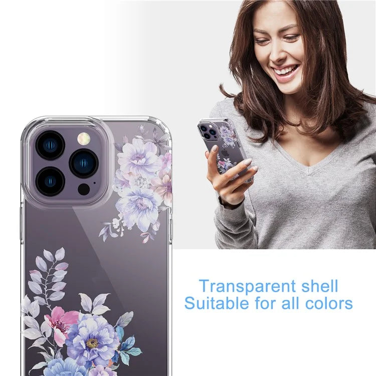 For iPhone 14 Pro Max TPU Case IMD Flower Pattern Clear Back Phone Cover
