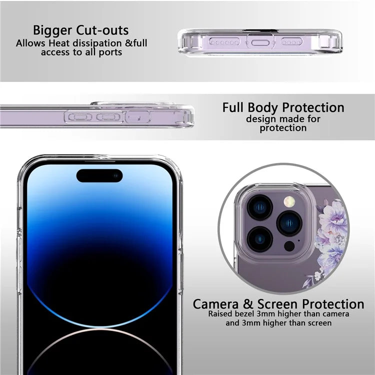 For iPhone 14 Pro Max TPU Case IMD Flower Pattern Clear Back Phone Cover