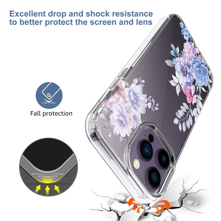 For iPhone 14 Pro Max TPU Case IMD Flower Pattern Clear Back Phone Cover