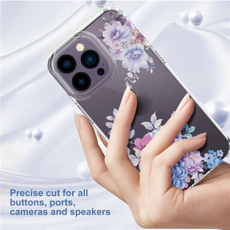 For iPhone 14 Pro Max TPU Case IMD Flower Pattern Clear Back Phone Cover