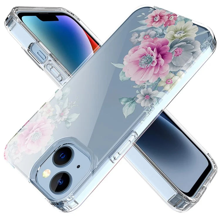 For iPhone 14 Plus TPU Case IMD Flower Pattern Transparent Phone Shell
