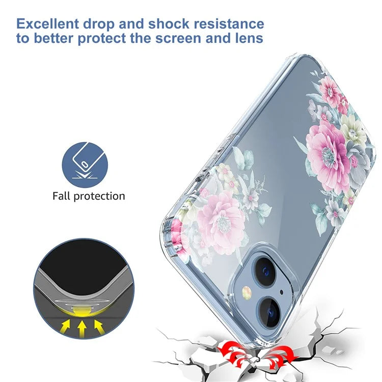 For iPhone 14 Plus TPU Case IMD Flower Pattern Transparent Phone Shell