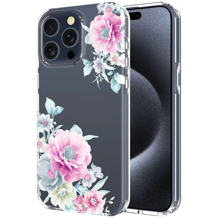 For iPhone 15 Pro Clear Case IMD Flower Pattern Soft TPU Mobile Phone Cover