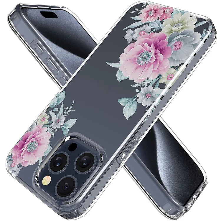 For iPhone 15 Pro Clear Case IMD Flower Pattern Soft TPU Mobile Phone Cover