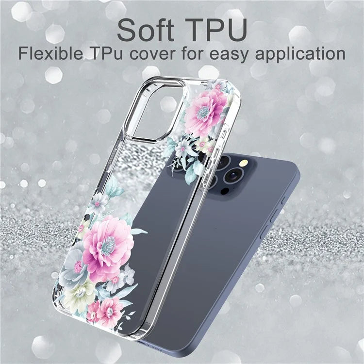 For iPhone 15 Pro Clear Case IMD Flower Pattern Soft TPU Mobile Phone Cover