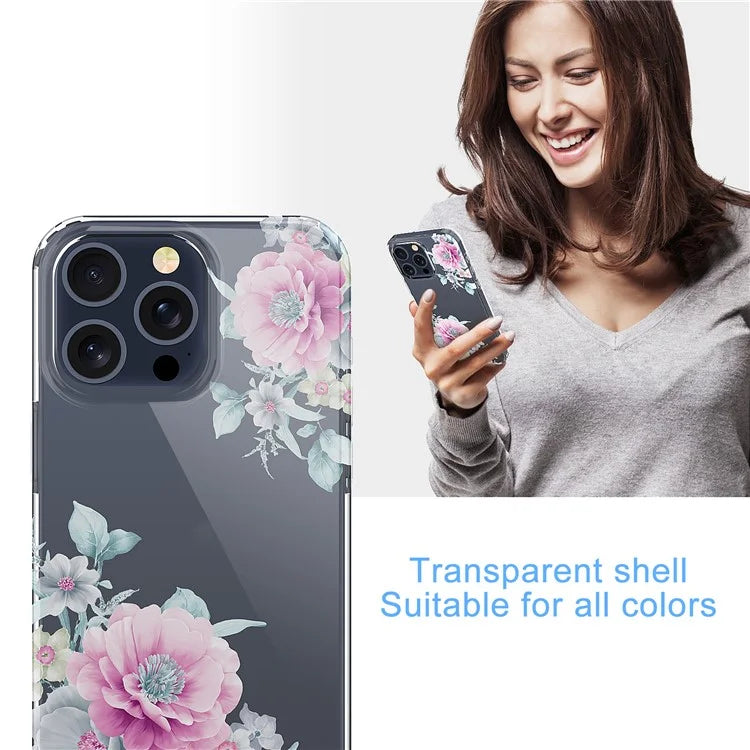 For iPhone 15 Pro Clear Case IMD Flower Pattern Soft TPU Mobile Phone Cover