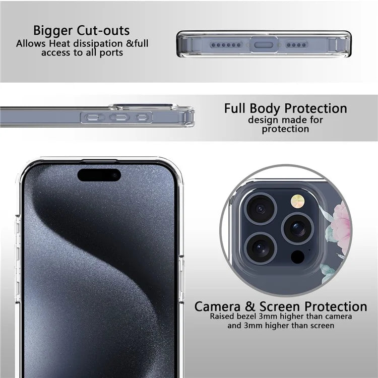 For iPhone 15 Pro Clear Case IMD Flower Pattern Soft TPU Mobile Phone Cover
