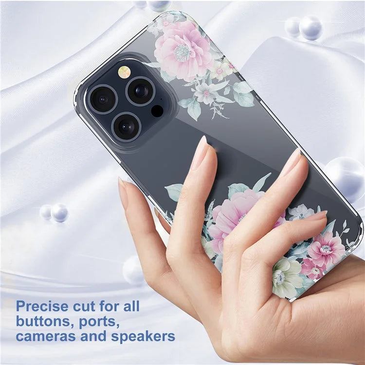 For iPhone 15 Pro Clear Case IMD Flower Pattern Soft TPU Mobile Phone Cover