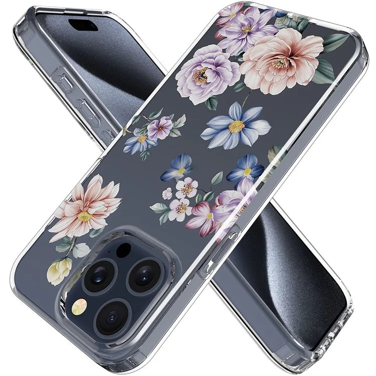 For iPhone 15 Pro Clear Case IMD Flower Pattern Soft TPU Mobile Phone Cover